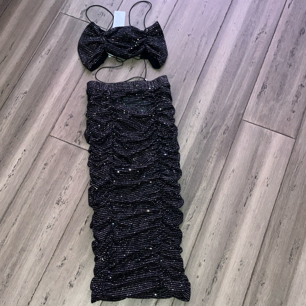 For Love & Lemons All That Glitters ruched crop top midi skirt Mesh Set XS